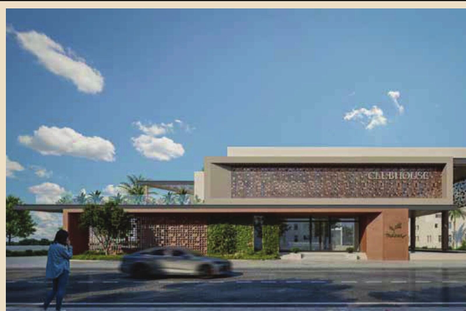 Ramky Shankarpally Villa clubhouse — 26,000 sq.ft luxury amenity building façade with jaali screen, Shankarpally Hyderabad
