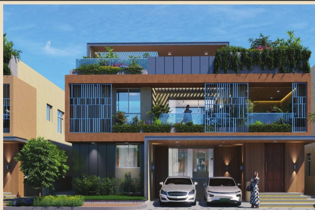 The Roots by Ramky, Shankarpally — front elevation render of a G+2 4 BHK villa with terrace planting and twin car porch