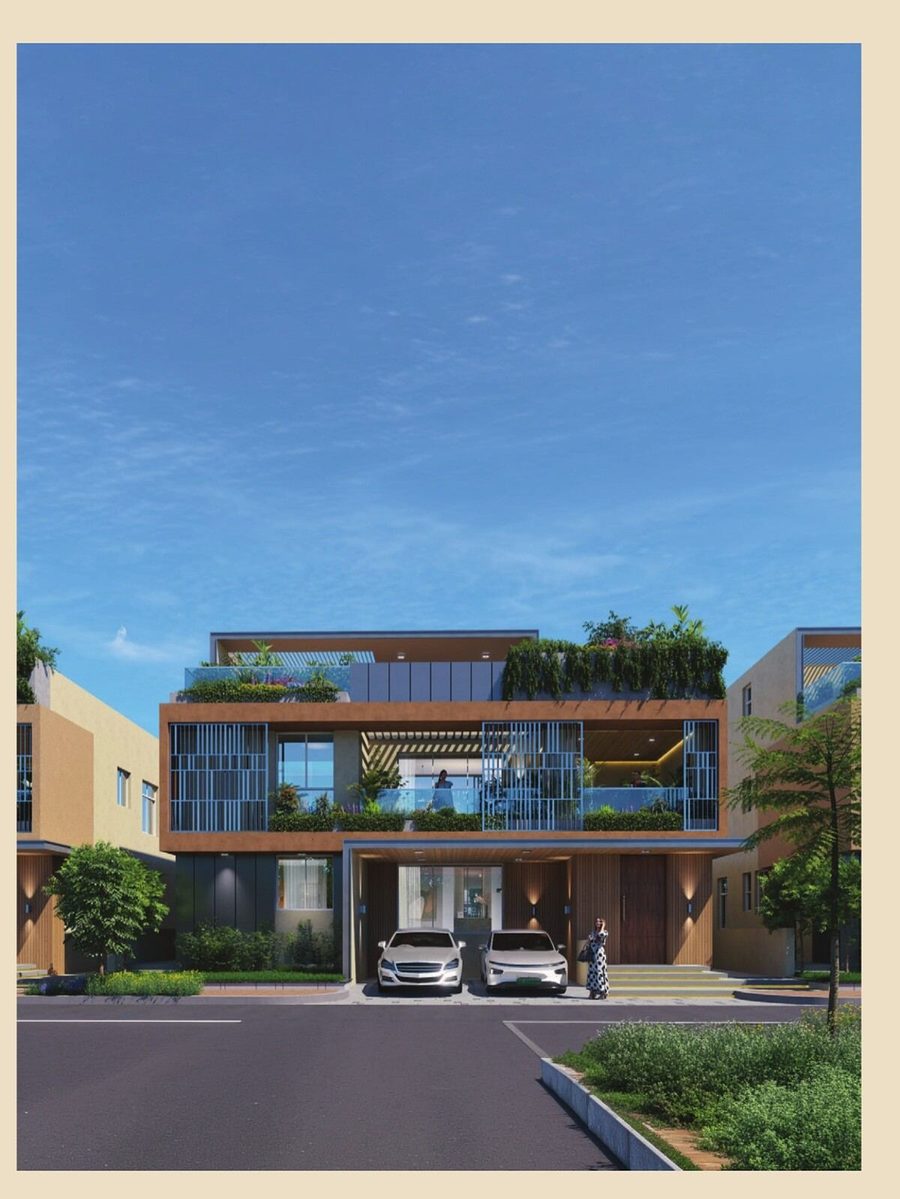 The Roots by Ramky — 4 BHK villa front elevation render with rooftop garden, Shankarpally